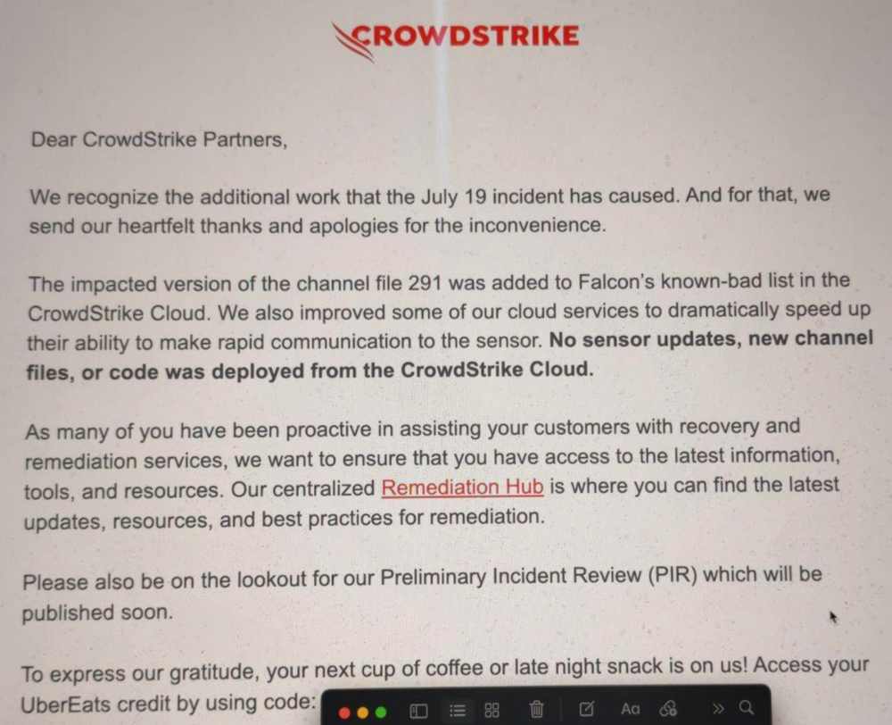 CrowdStrike为宕机事件送上10美元代金券致歉 遭标记为欺诈活动